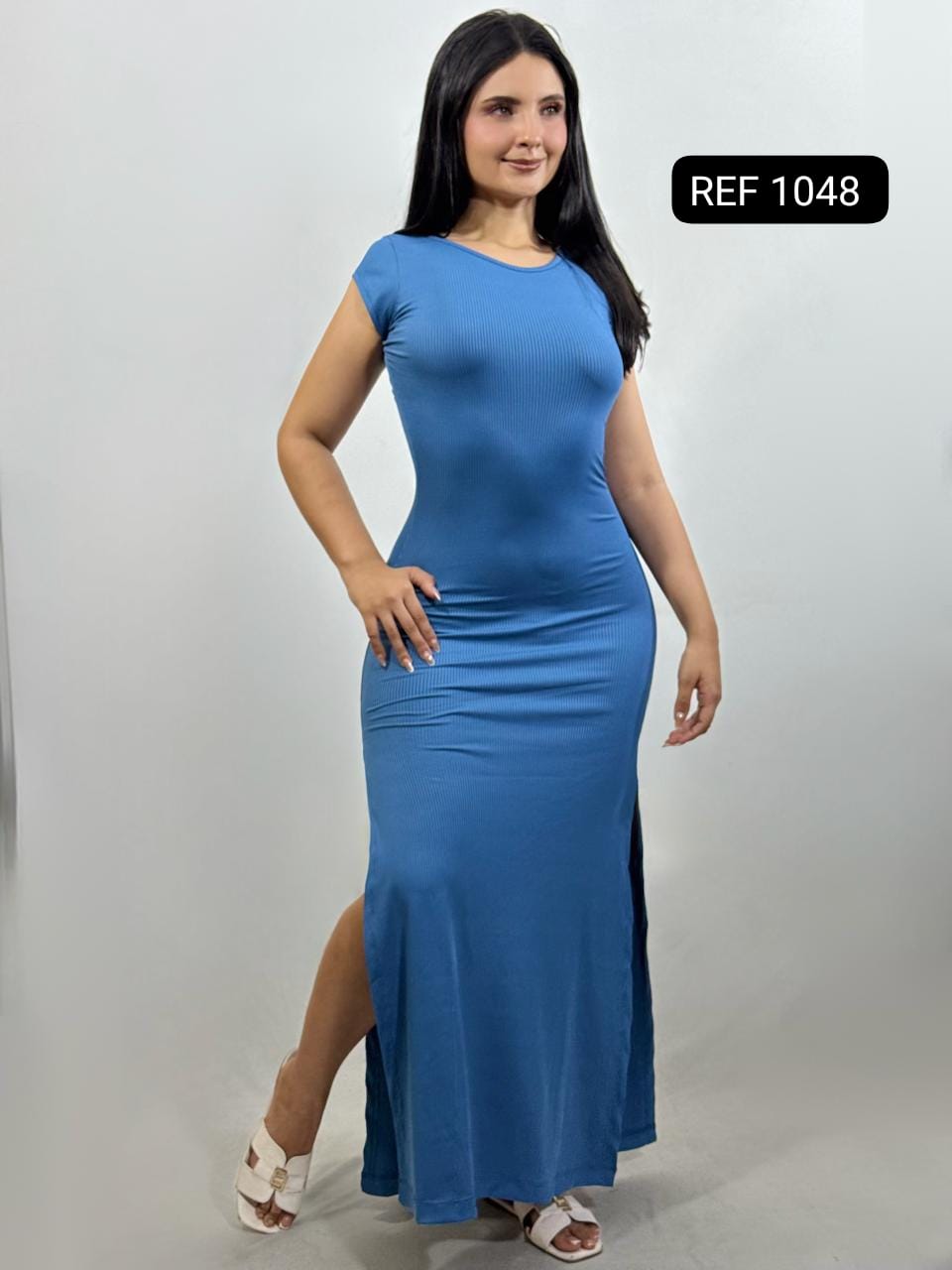 VESTIDO DE RAYA Y UNICOLOR CON ABERTURA REF 1048