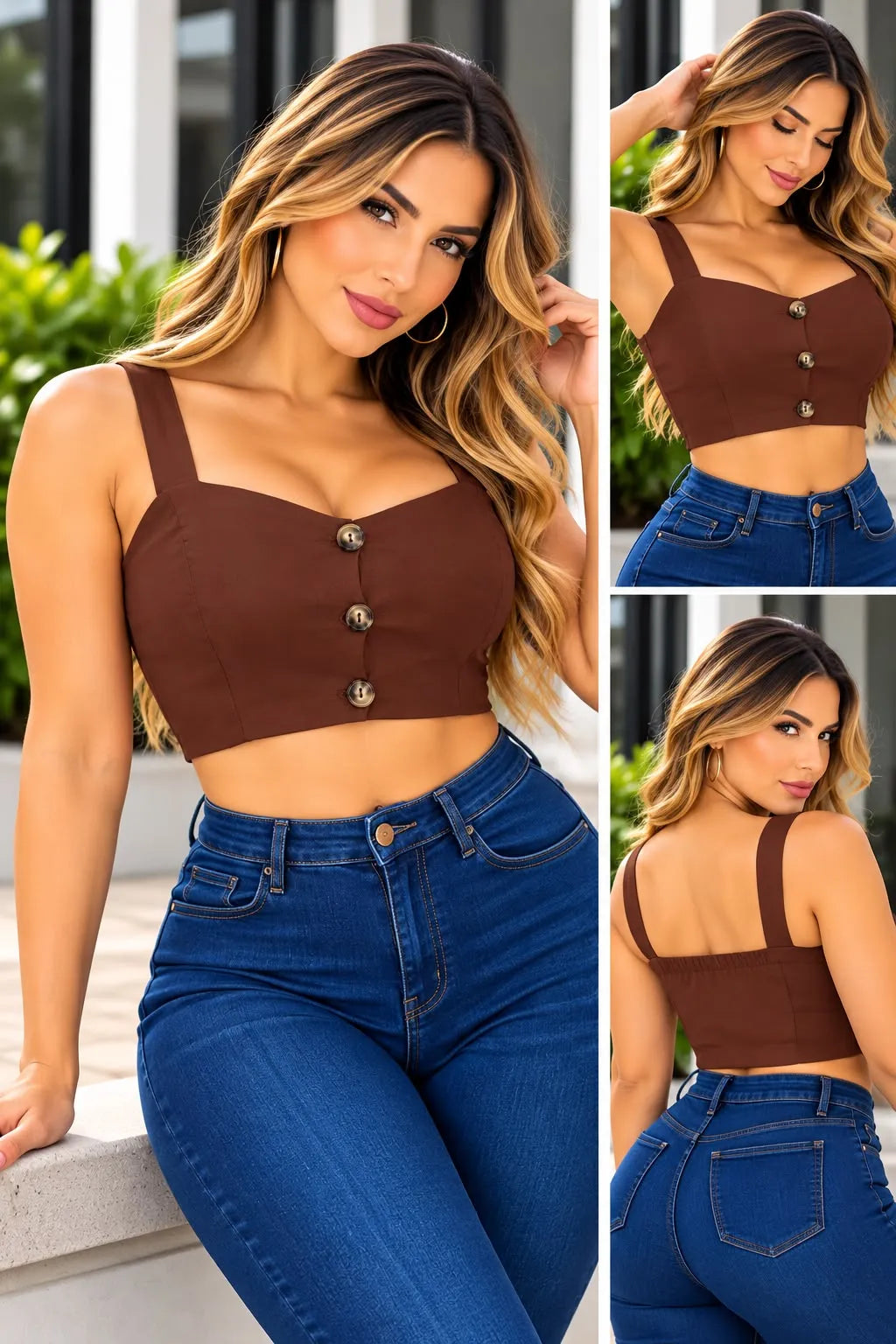 Blusa dama en tela bengalina color marron,referencia 986,Rosa Linda