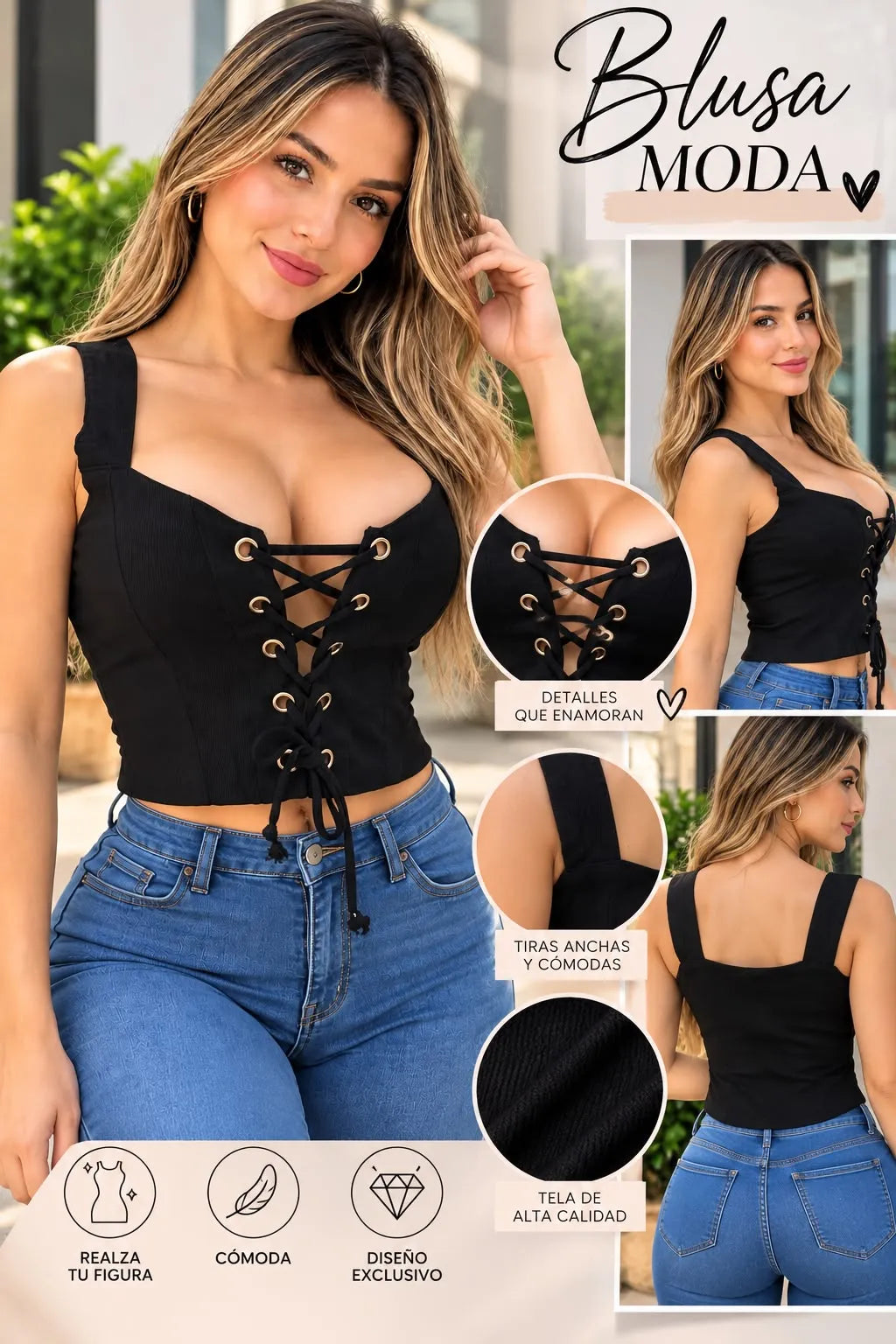 Blusa de dama en tela bengalina color negro, referencia 1043, Rosa Linda