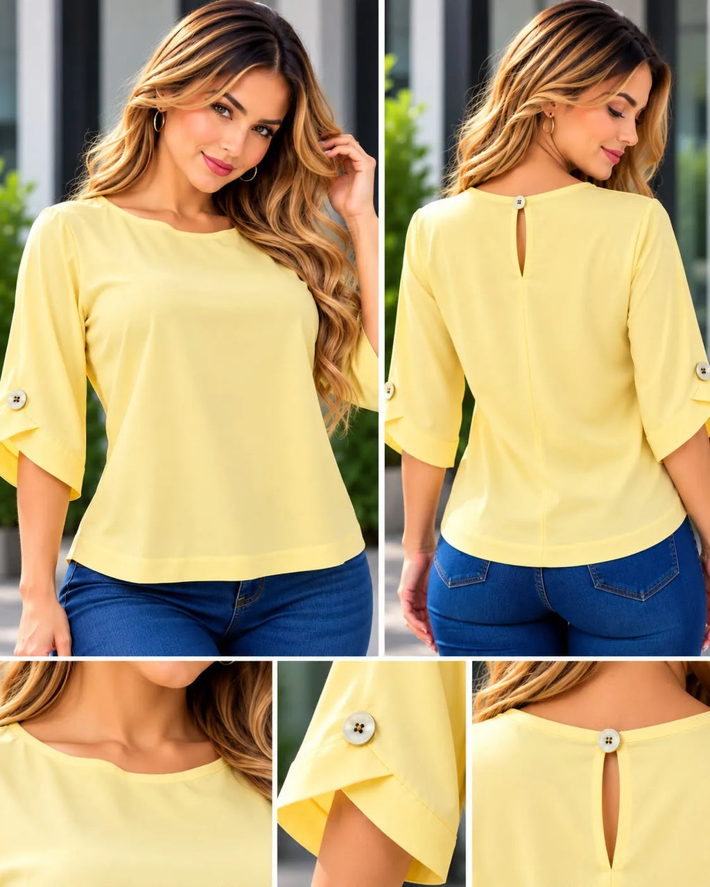 Blusa dama en tela chalis color amarillo, referencia 1090R,Rosa Linda