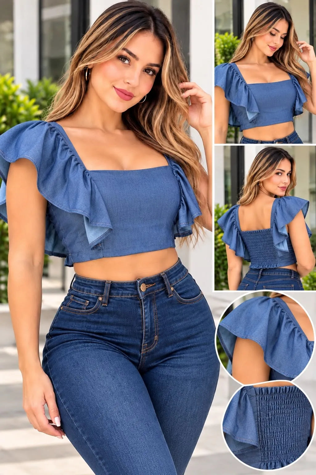 Blusa dama en tela chambray color azul claro,referencia 910,Rosa Linda