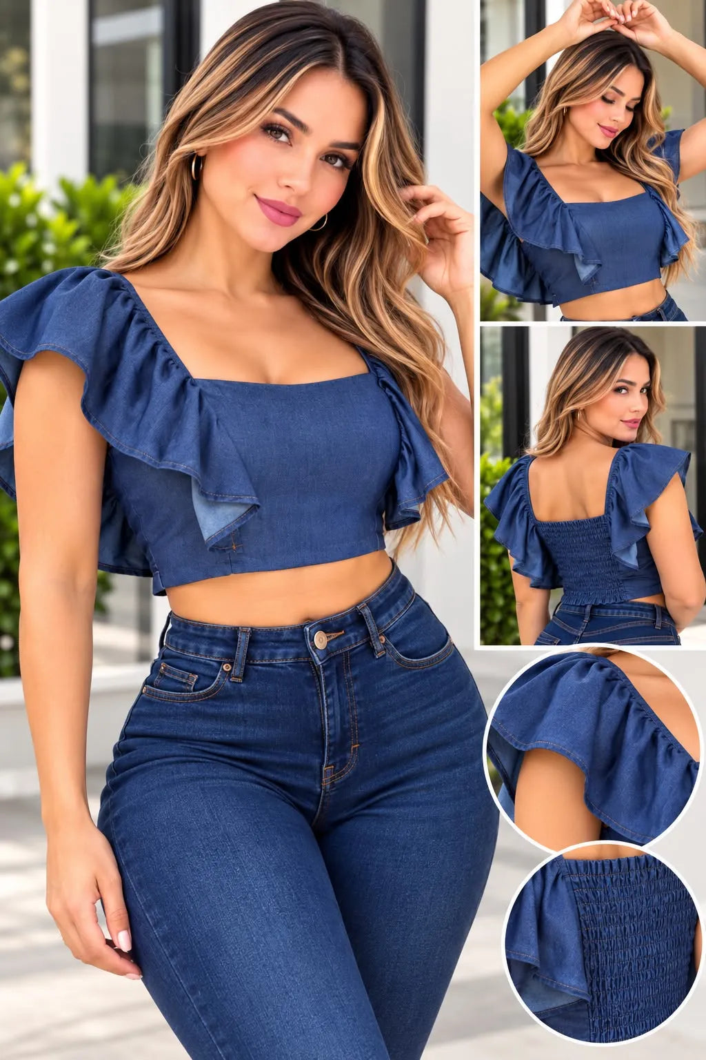 Blusa dama en tela chambray color azul turqui,referencia 910,Rosa Linda