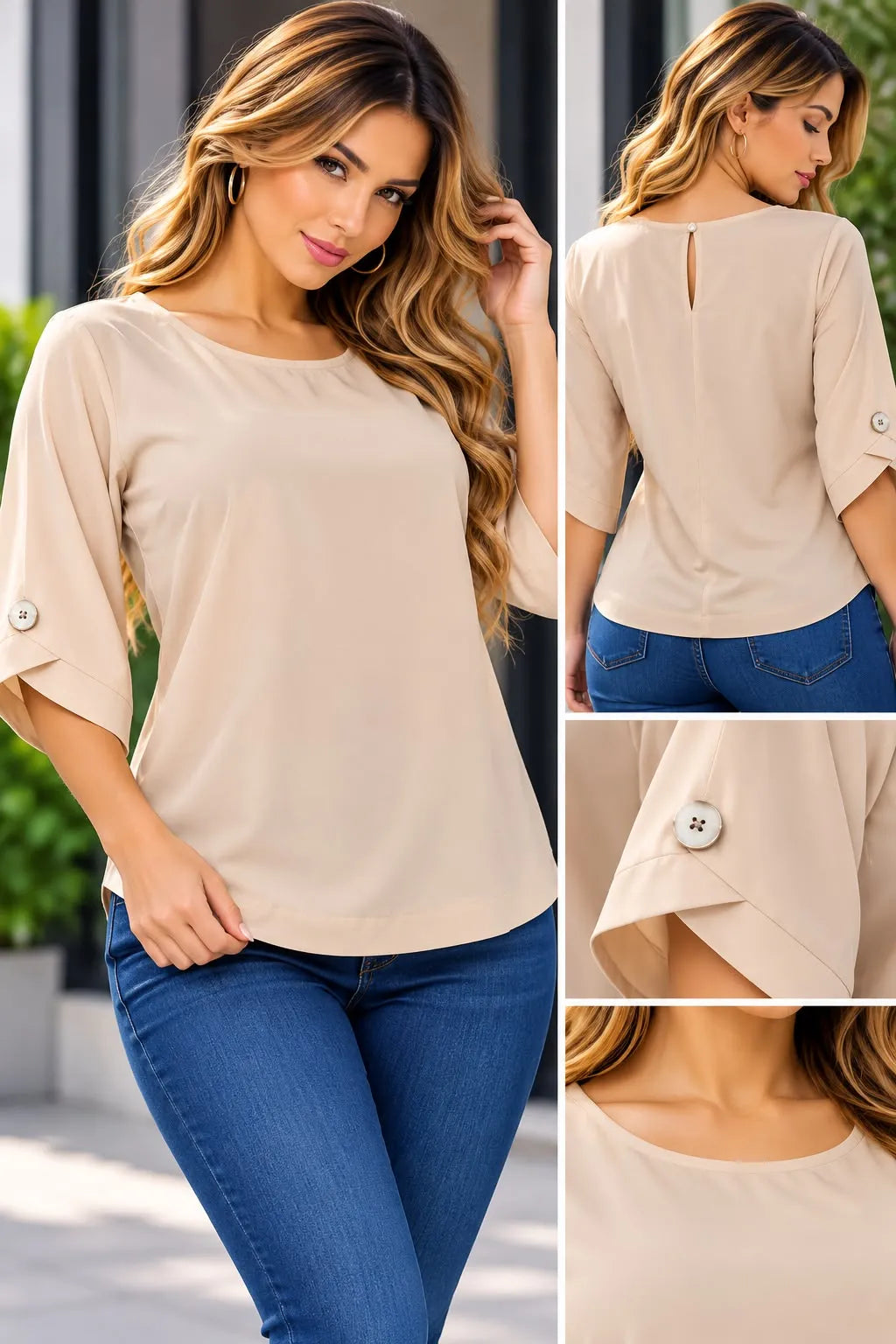 Blusa dama en tela chalis color beige, referencia 1090R,Rosa Linda