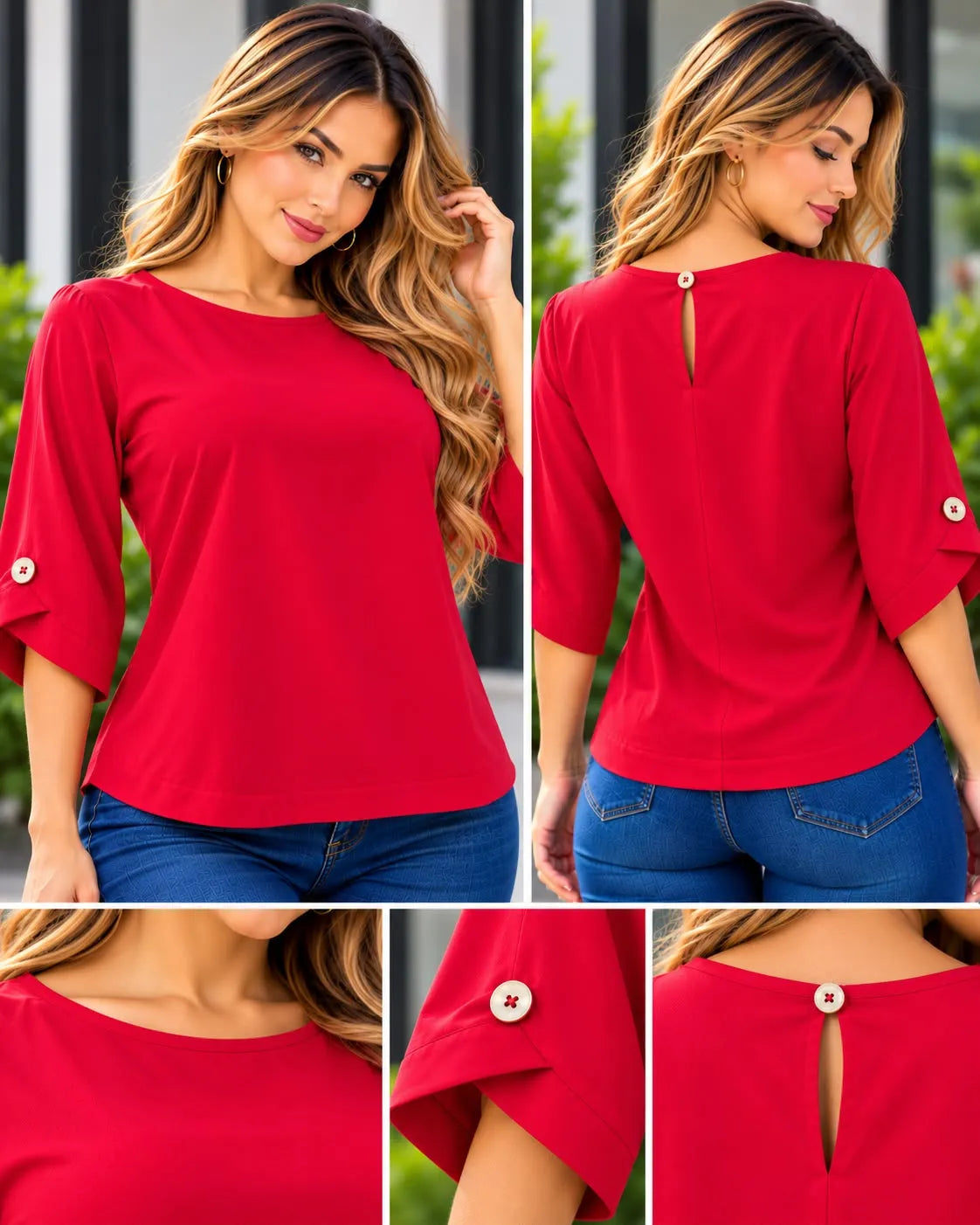 Blusa dama en tela chalis color rojo, referencia 1090R,Rosa Linda
