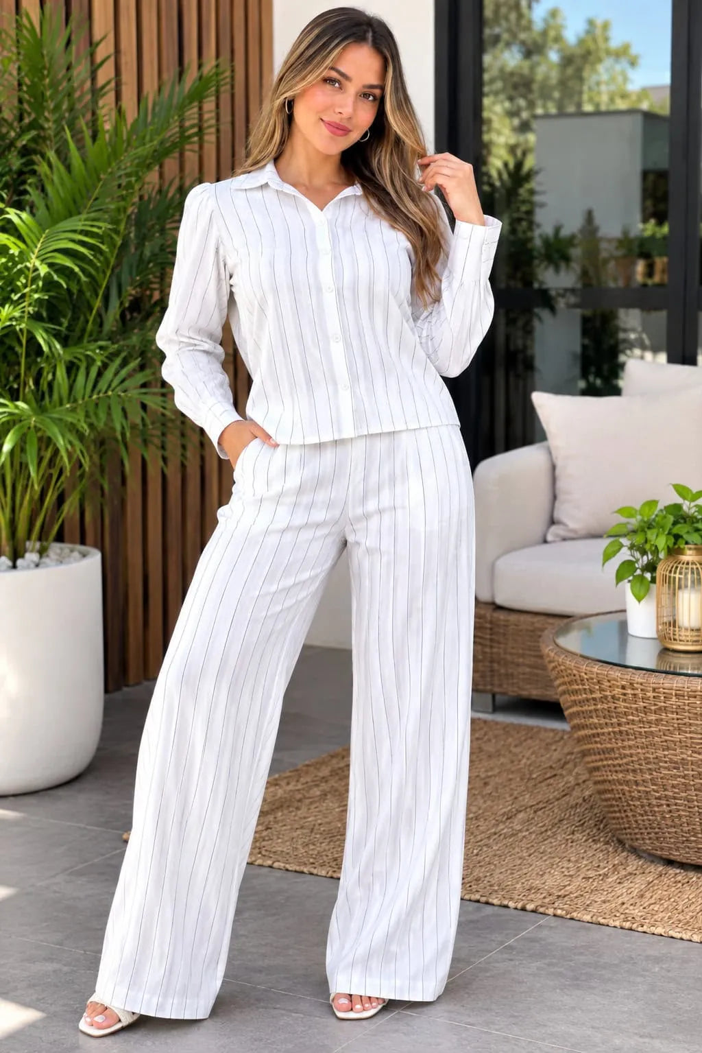 Conjunto de dama en tela lino color blanco, referencia 1069R y 1062E, Rosa Linda