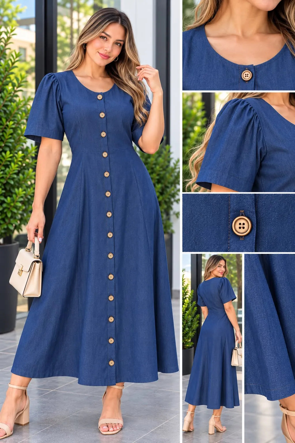 Vestido dama en tela chambray color azul turqui,referencia 1104,Rosa Linda