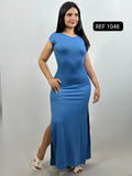 VESTIDO DE RAYA Y UNICOLOR CON ABERTURA REF 1048