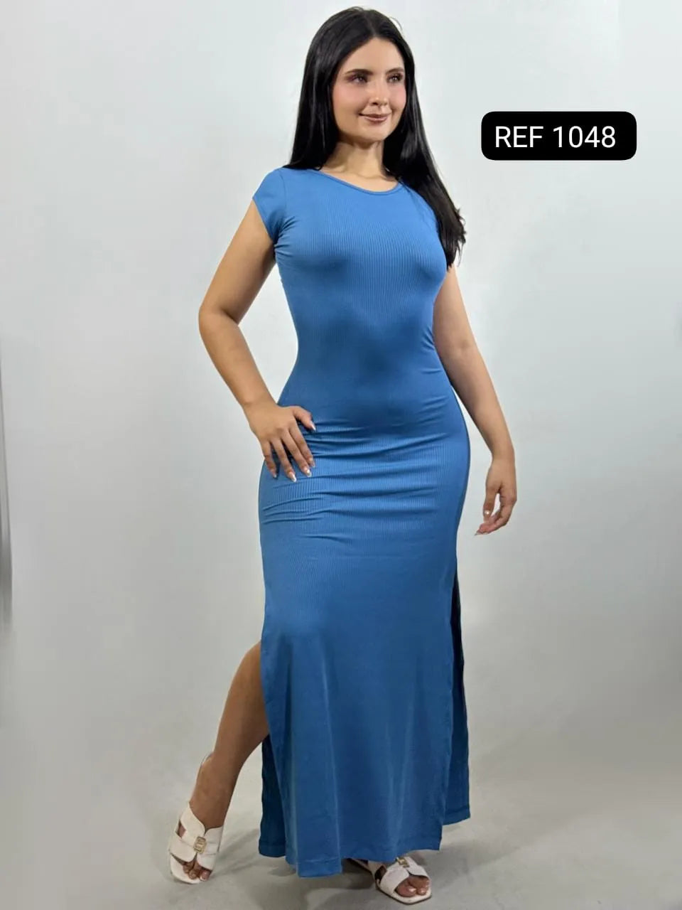 VESTIDO DE RAYA Y UNICOLOR CON ABERTURA REF 1048