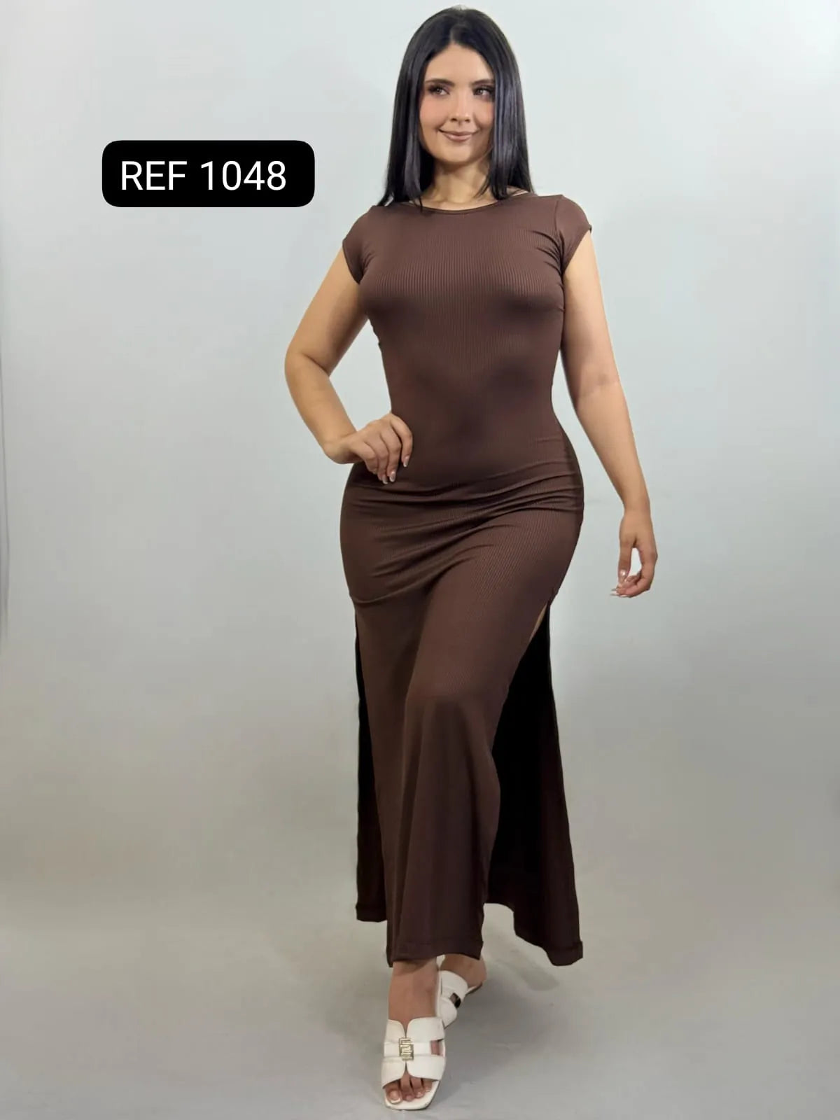 VESTIDO DE RAYA Y UNICOLOR CON ABERTURA REF 1048