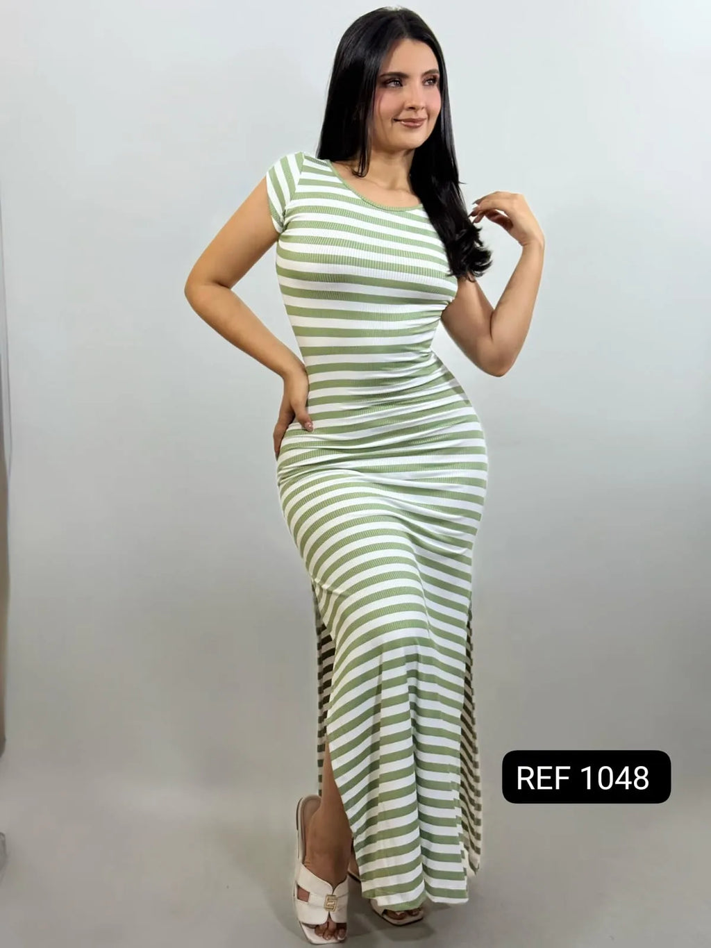 VESTIDO DE RAYA Y UNICOLOR CON ABERTURA REF 1048
