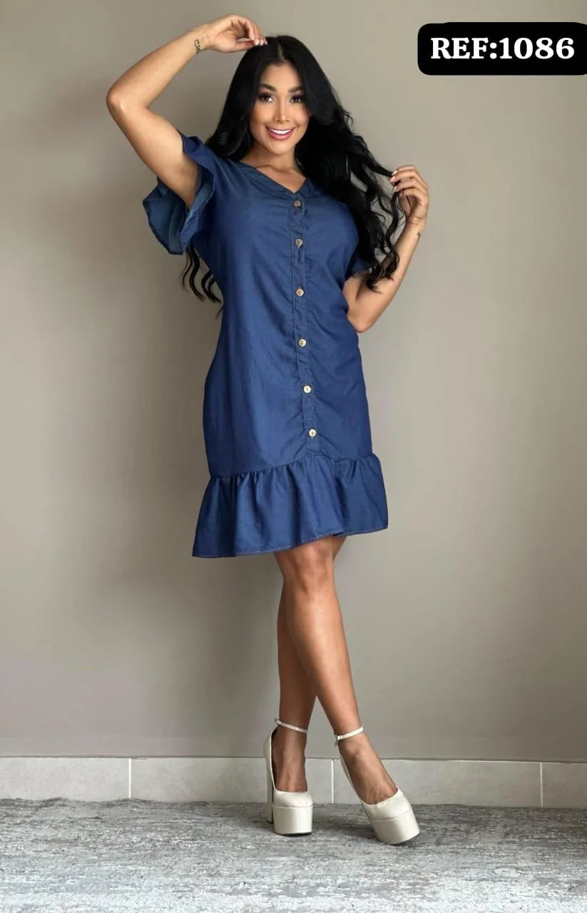 VESTIDO CASUAL EN CHAMBRAY CON BOTONES Y BOLEROS REF 1086